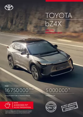 Toyota katalógus, Szolnok | Toyota bZ4X MY23 | 2025-04-02T00:00:00.000Z - 2026-04-02T00:00:00.000Z